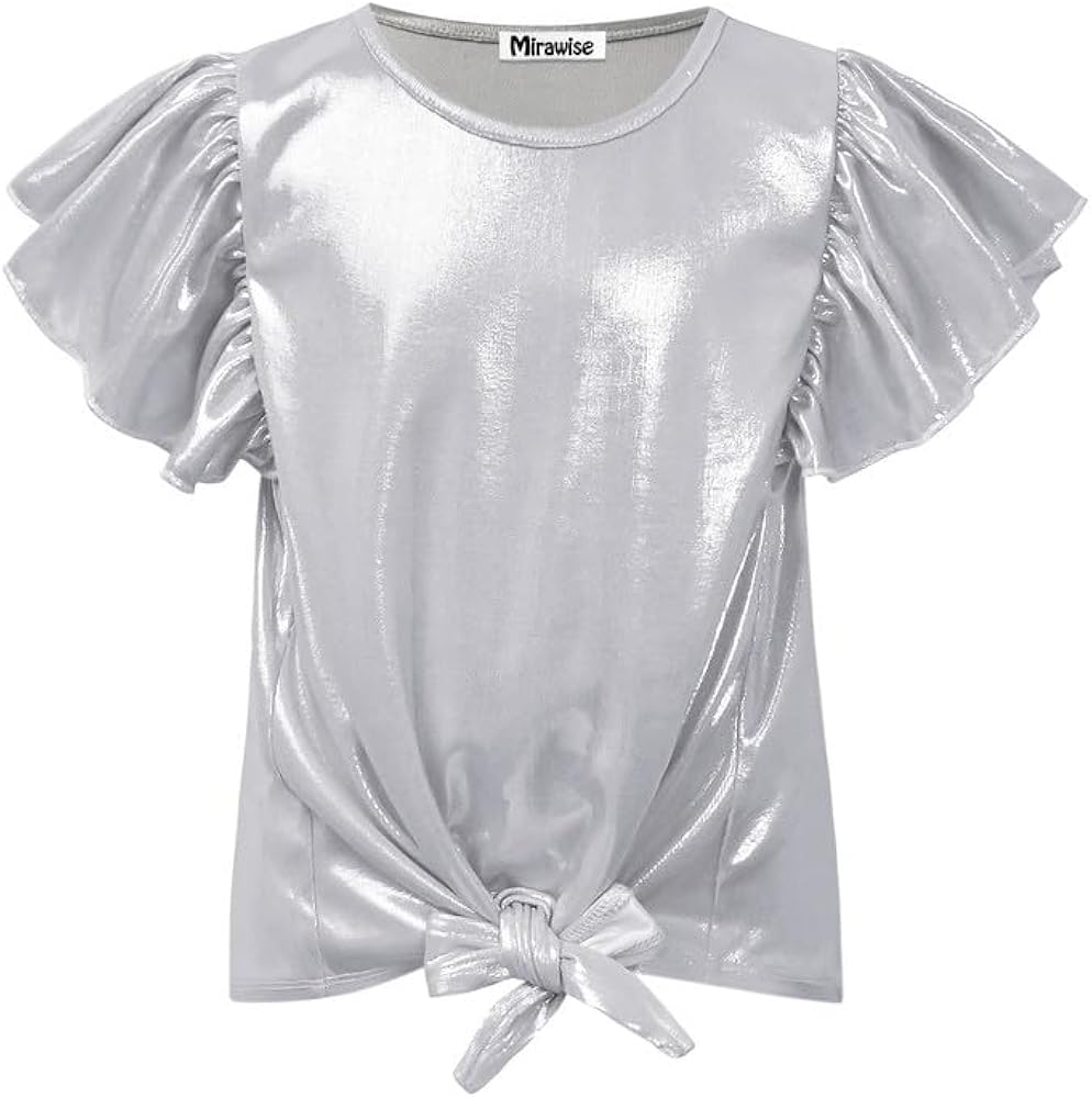 Mirawise Girls Tie Front Shirts Metallic Tops Clothes Summer Blouses Sparkle Tshirt Ruffle Short Sleeve Party Tee Size 6-14