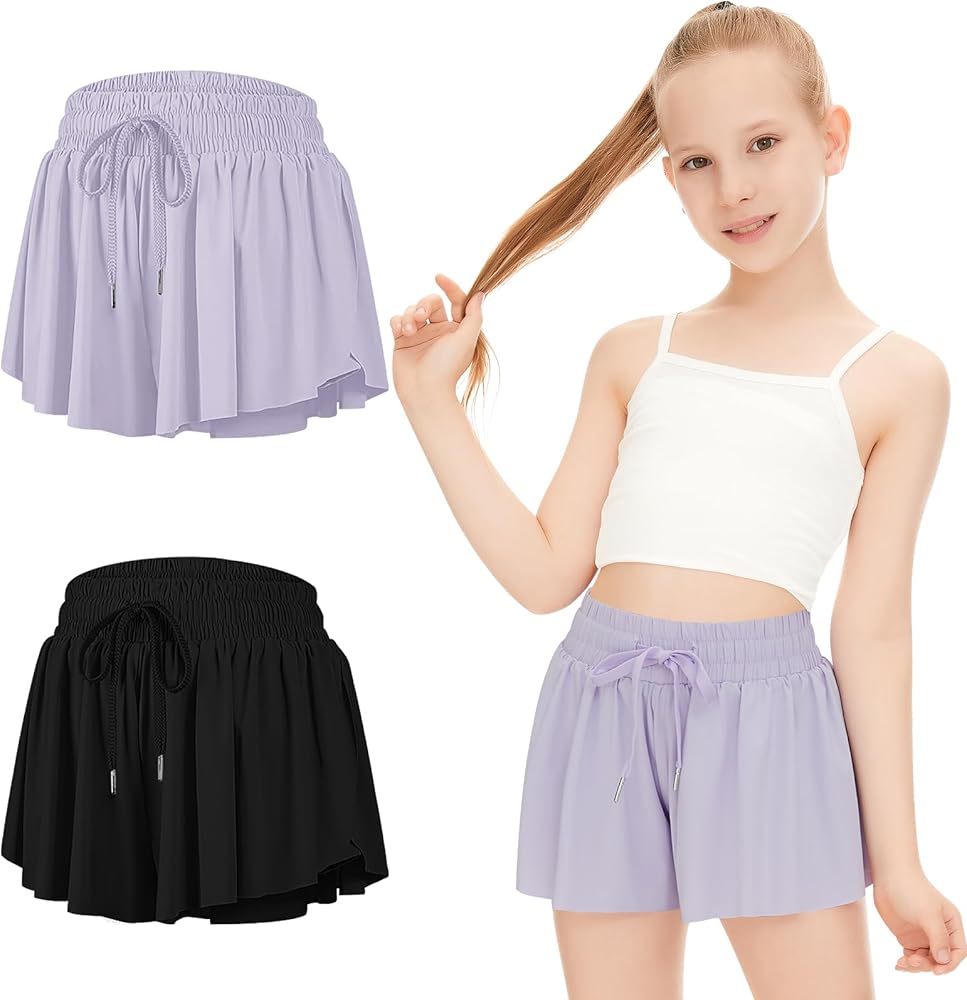 2 Packs Butterfly Shorts for Kids Girls Flowy Shorts with Pocket 2-in-1 Athletic Shorts Running Shorts