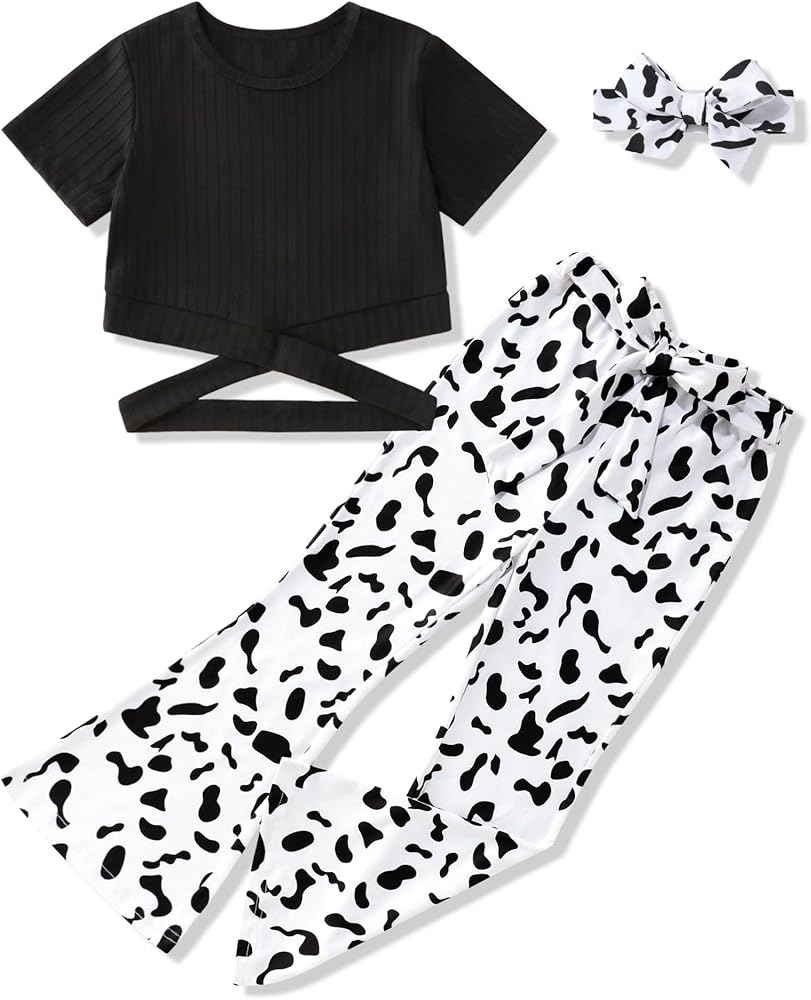 Girls Clothes Short Sleeve T-shirt Crisscross Top and Cow Print Pant Sets Girl Clothes