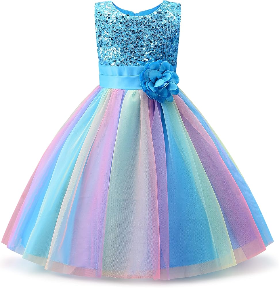 Uhnice Little Girl's Sequin Sleeveless Mesh Rainbow Dress for Wedding Party