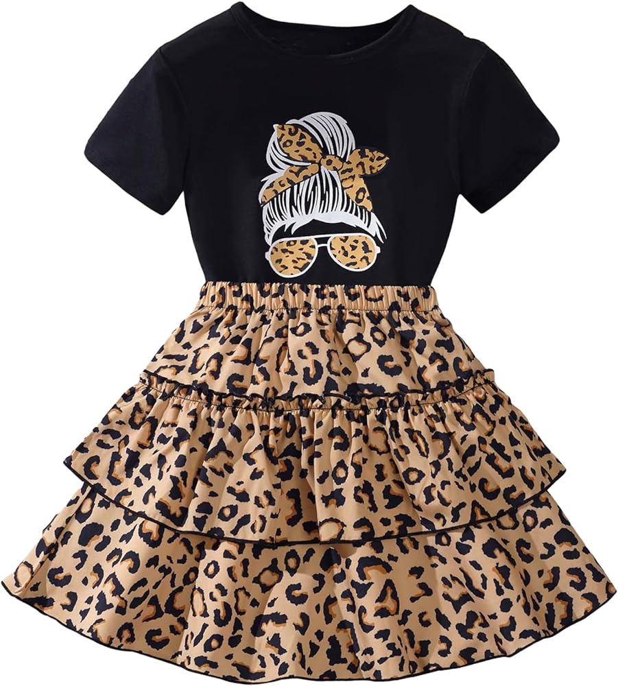 Floerns Girl's 2 Piece Outfit Short Sleeve Tee Shirt Leopard Layered Skirts Set