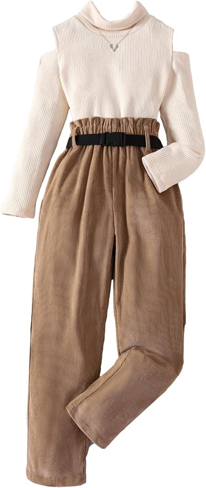 Floerns Girls 2 Piece Outfit High Neck Cut Out Tee Shirt with Paperbag Waist Belted Pants Set