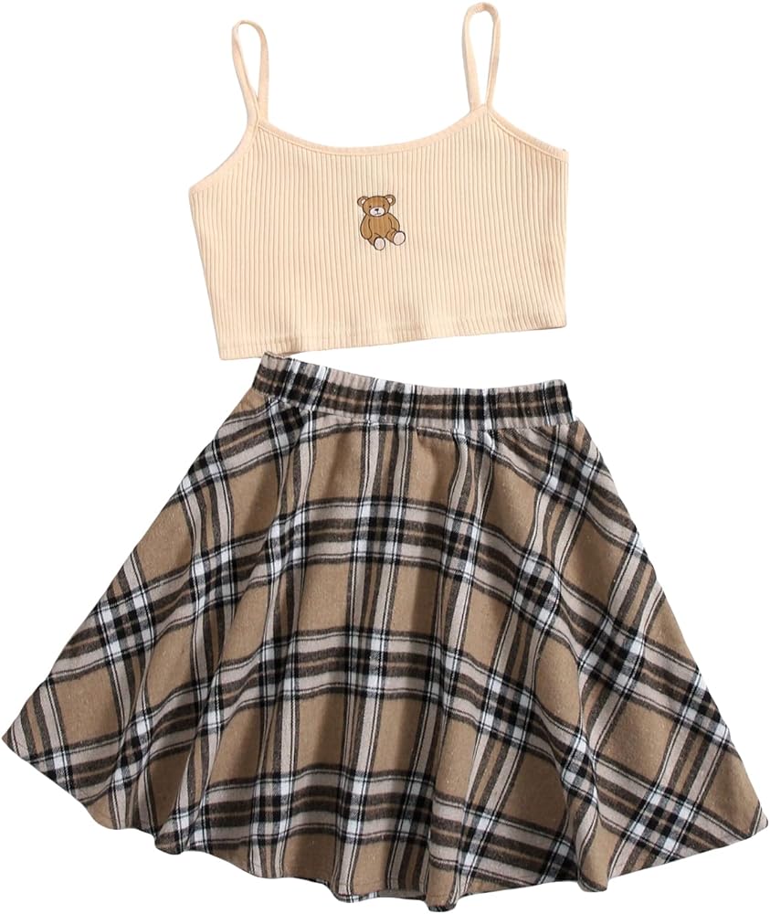 WDIRARA Girl's 2 Piece Outfits Cartoon Print Cami Top and Plaid Skater Skirt Set