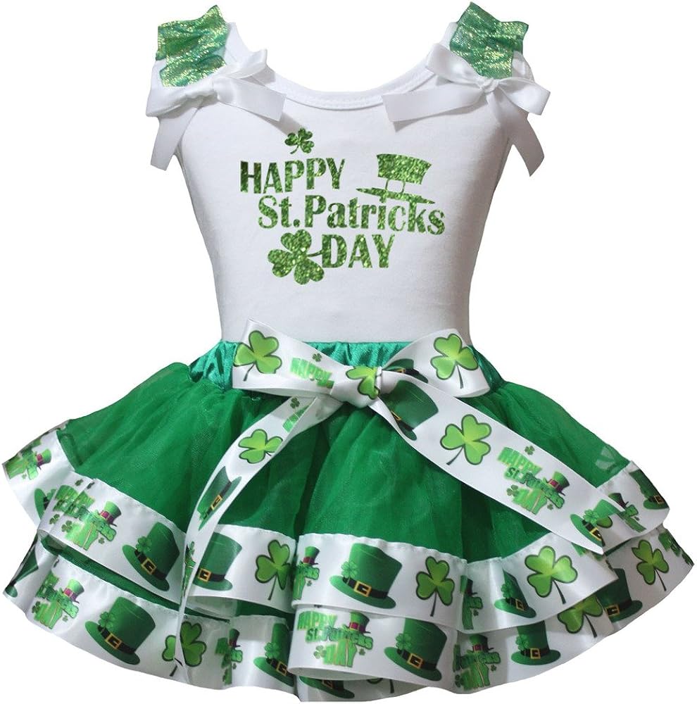 Petitebella Happy St Patricks Day White Shirt Clover Green Petal Skirt Set Nb-8y