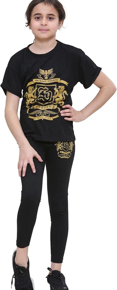 Kids Girls Top Short Sleeves Varsity Lion Black T Shirt & Legging Outfit Set