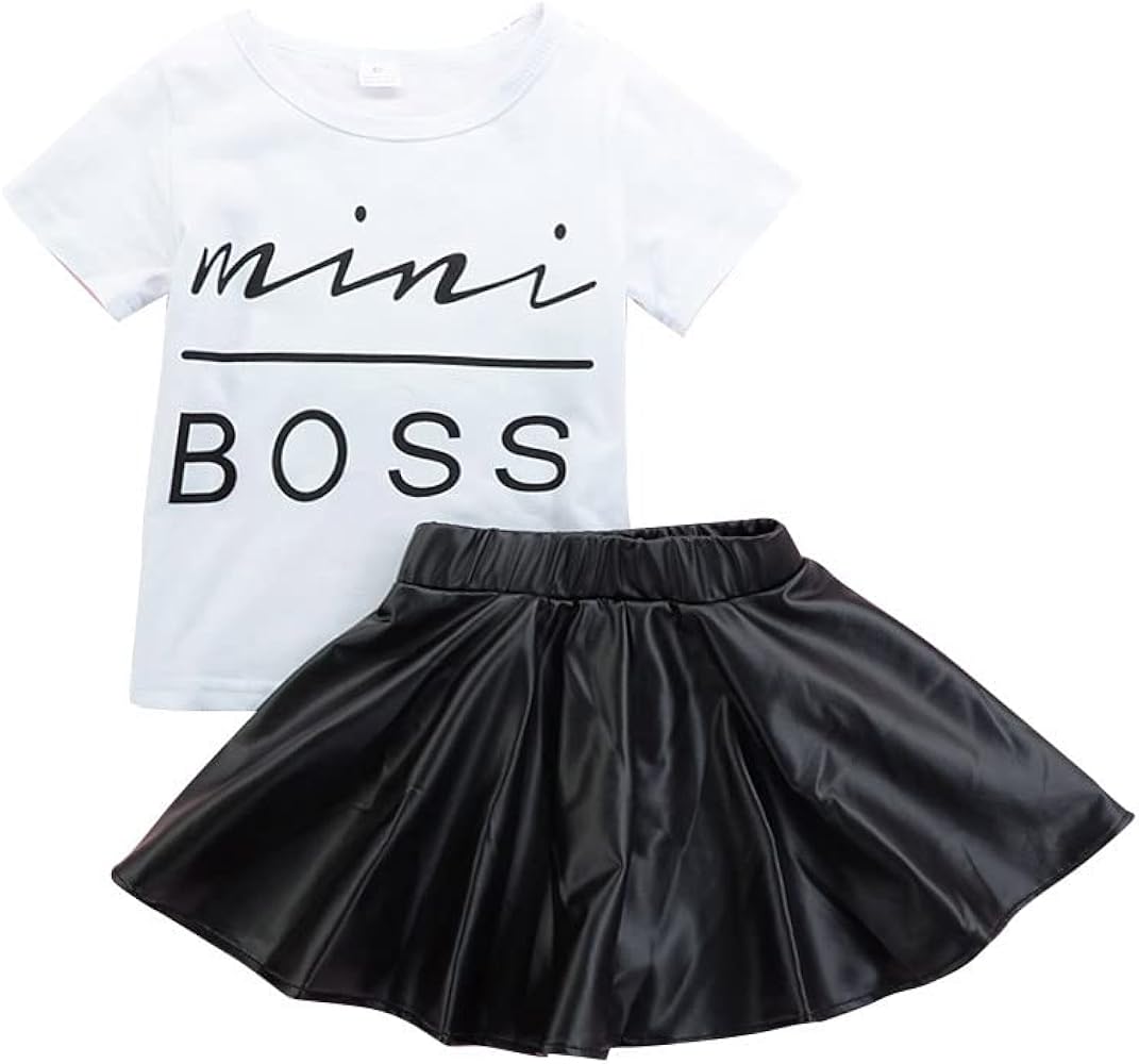 Girls Short Skirt Set, White T-Shirt Letter Pattern + Black Skirt Two-Piece Set