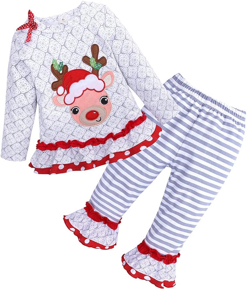 Toddler Little Girls Long Sleeve Playwear Set, Deer Top with Ruffle and Bell-bottom Trousers, Fall Winter Wearing