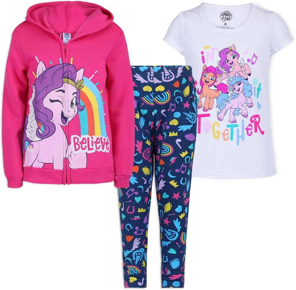 My Little Pony Hasbro Girls Zip Up Hoodie, Short Sleeve Tee and Legging Pants Set for Little and Big Kids