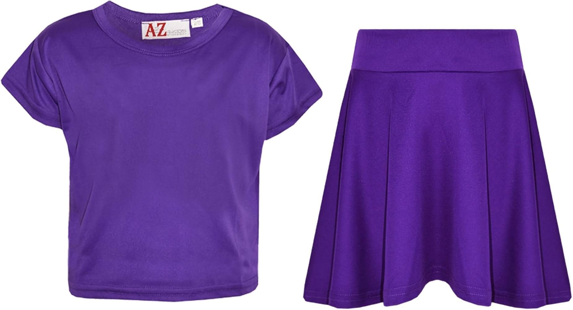 Girls Plain Crop Top & Skater Skirt Set - New Crop Top Plain Skirt Purple 13