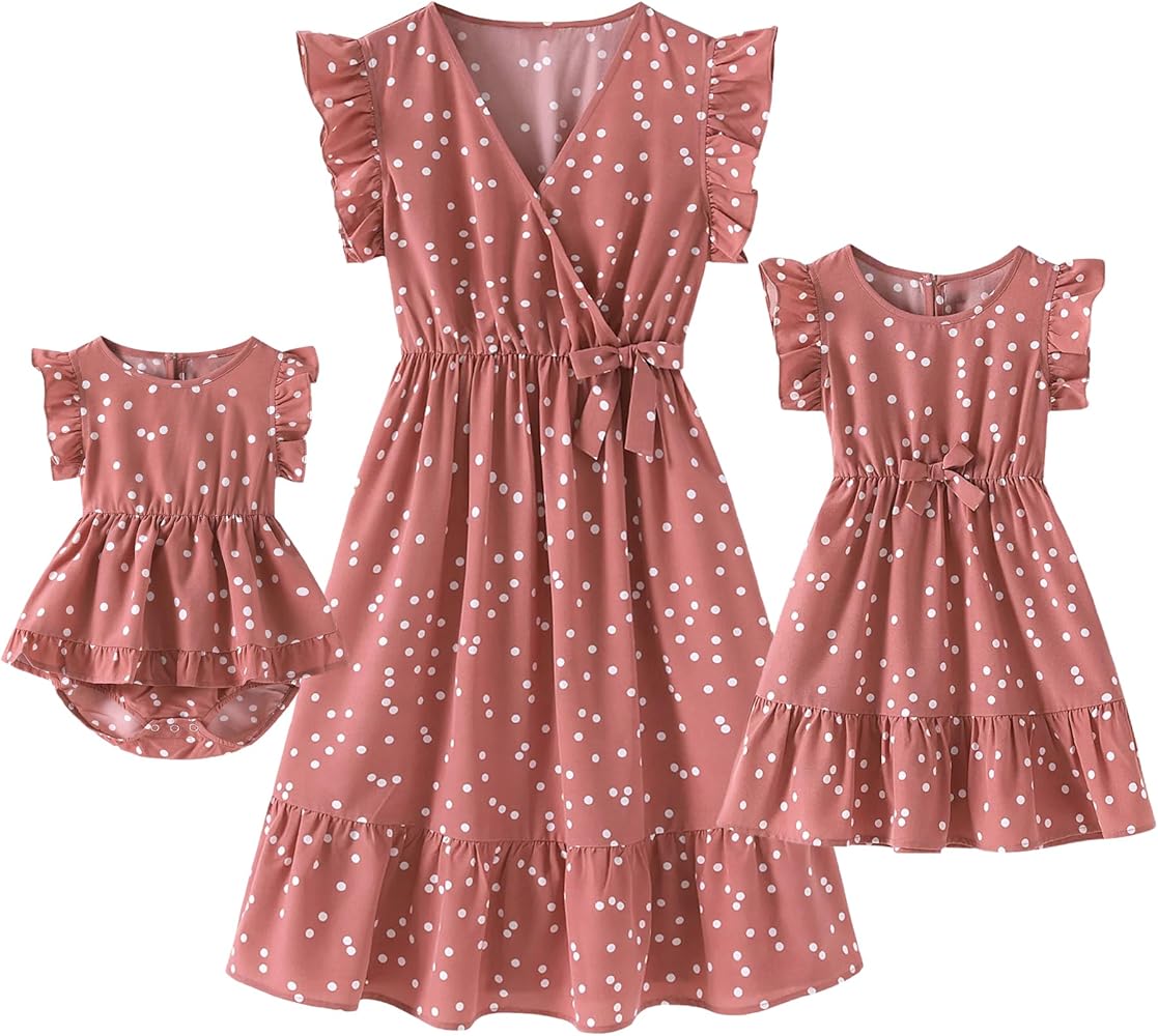 Pink V Neck Ruffle Short-Sleeve Splicing Butterfly and Floral Print Dress for Mommy and Me