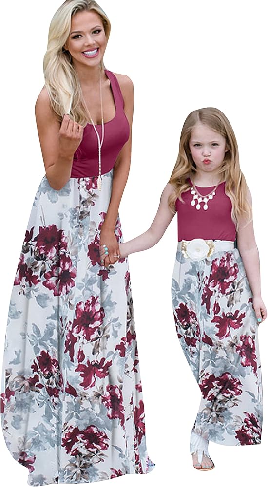 YMING Mommy and Daughter Matching Dresses Parent Child Sleeveless Outfits Floral Printed Dress