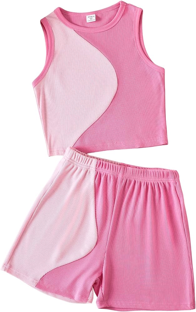 Verdusa Girl's 2 Piece Outfits Workout Outfit Colorblock Crop Tank Top and Short Sets Dark Pink 9Y