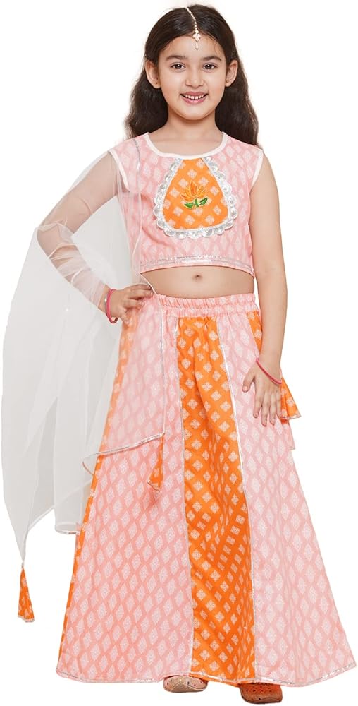 AJ DEZINES Kids Orange Cotton Printed Sleeveless Lehenga Choli Set For Girls (Orange, 3-4 Years)