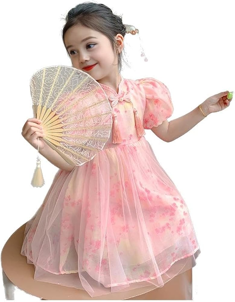 New Summer Style Girls' Dress, Chinese Hanfu Style, Traditional cheongsam Bubble Sleeve Mesh Dress