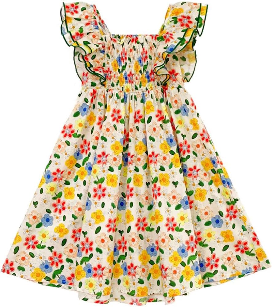 Mumetaz Toddler Girl Dress Causal Flutter Sleeve Floral Smocked Dress Beach Party Summer Dress 1-7T