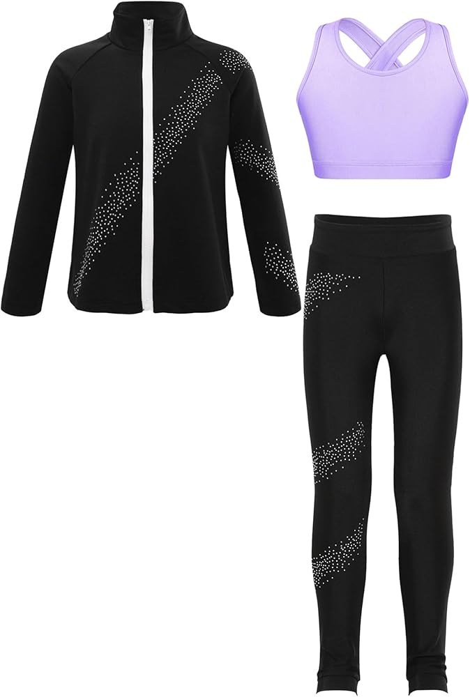 Kids Girls 3PCS Sport Outfits Athletic Zip-up Jacket with Crop Top and Leggings Activewear Tracksuit Set