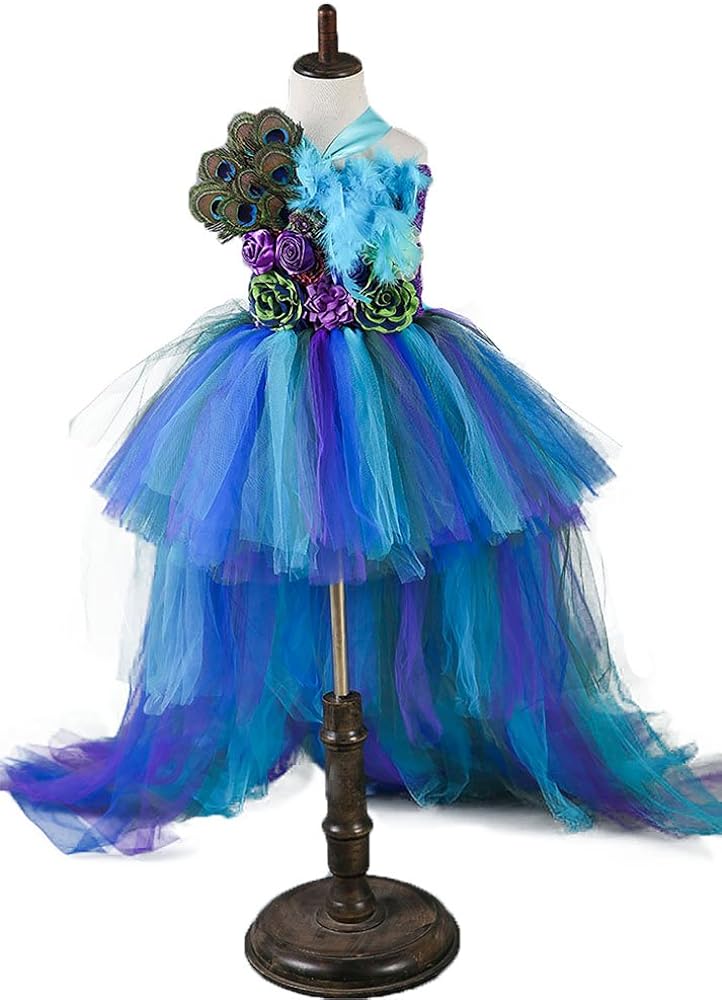 Tutu Dreams Deluxe Long Train Peacock Dress for Girls 2-12Y Flower Girl Birthday Halloween Party