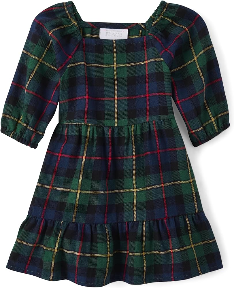 The Children's Place Baby Girl's and Toddler Short Sleeve Fashion Dress, Green Plaid, 4T