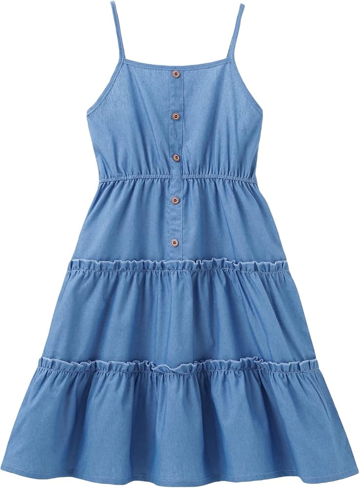 SHENHE Girl's Sleeveless Button Up Backless Ruffle Hem A Line Denim Short Dresses Blue 160