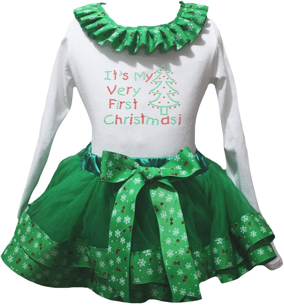 Petitebella Very First Christmas L/s Shirt Snowflake Green Petal Skirt Nb-8y