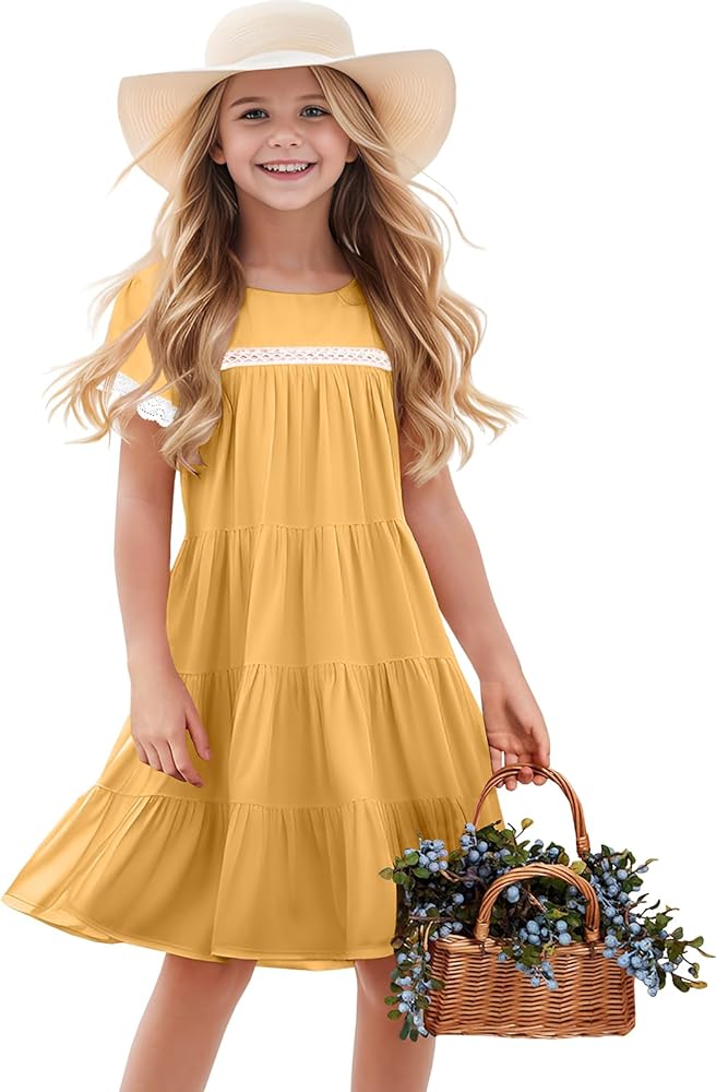 Kids Girls Dresses Girl Dress Toddler Summer Casual Lace Ruffle Fashion Short Sleeve Midi Flowy Outfits