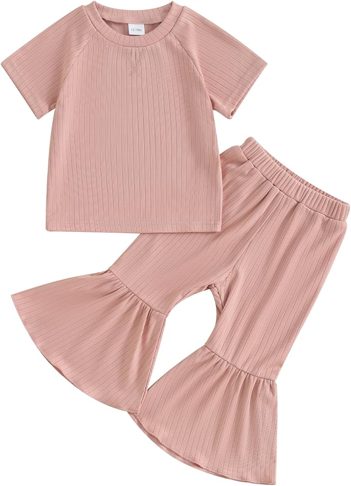 Luckinbaby Toddler Kids Girls Summer Clothes Sets 2pcs Short Sleeve Ribbed Knit Solid T-Shirts Elastic Waist Flare Pants