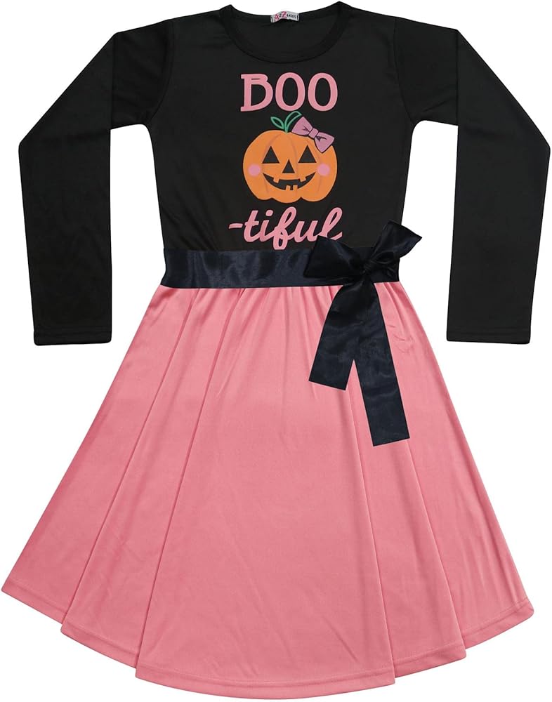 Kids Girls Skater Long Sleeves Black Panelled Pumpkin Print Halloween Dresses