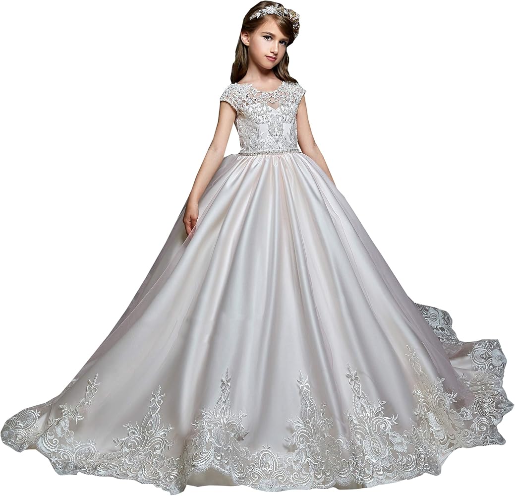 HuaMei Girls Pageant Dresses Lace Applique Satin Wedding Flower Girl Ball Gowns