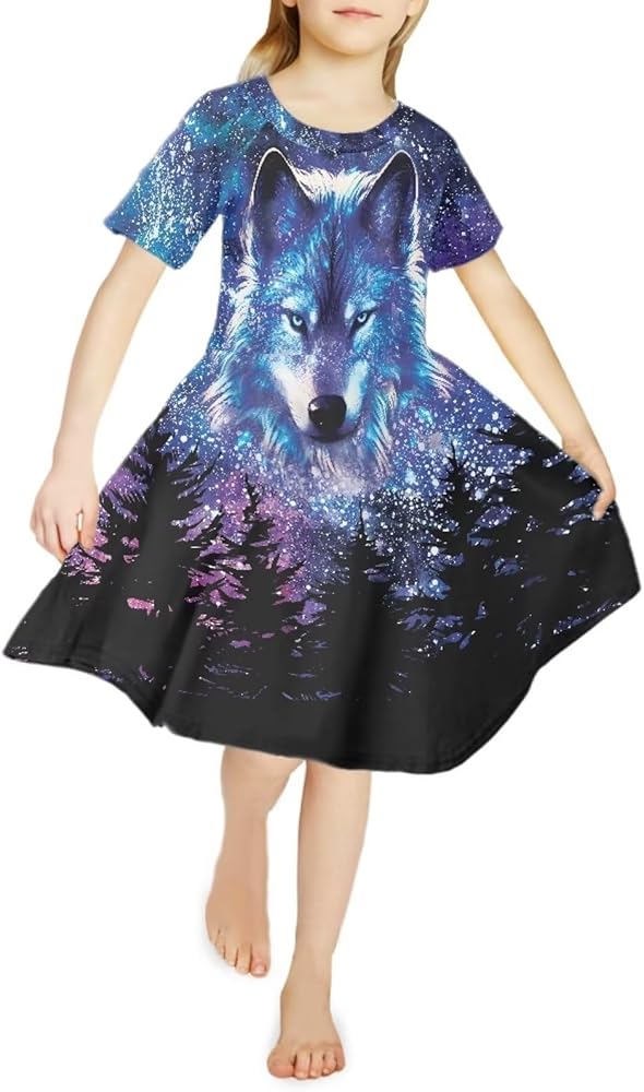 Renewold Girls Casual Dress Girl Short Sleeve Holiday Dance Party Dresses Starry Forest Wolf Print Twirly Skater Dress A-line Midi Length Dresses Size 3-14 Years Kids Teens