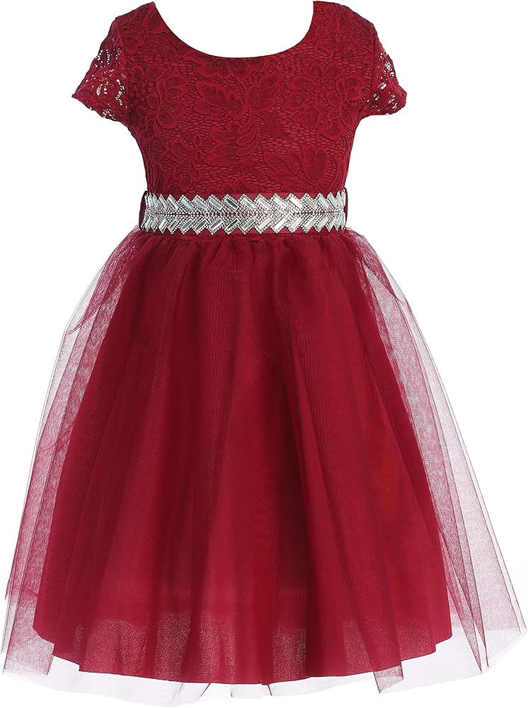 Cap Sleeve Lace Top Tulle Shiny Stone Belt Easter Graduation Flower Girl Dress