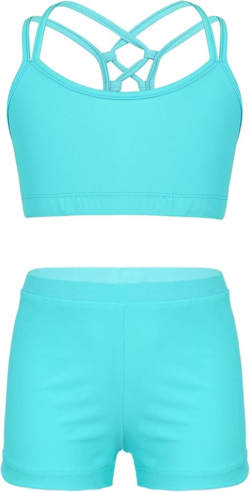 Kids Girls Sports Bra Crop Top with Booty Shorts 2 Pieces Activewear Set for Gymnastics/Dance/Swimming