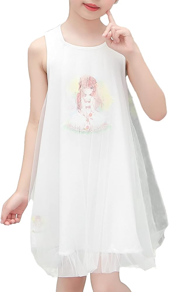 Girls White Tull Dress Kids Summer Sleeveless Dress Cartoon Loose Pattern Casual Tank Sundress