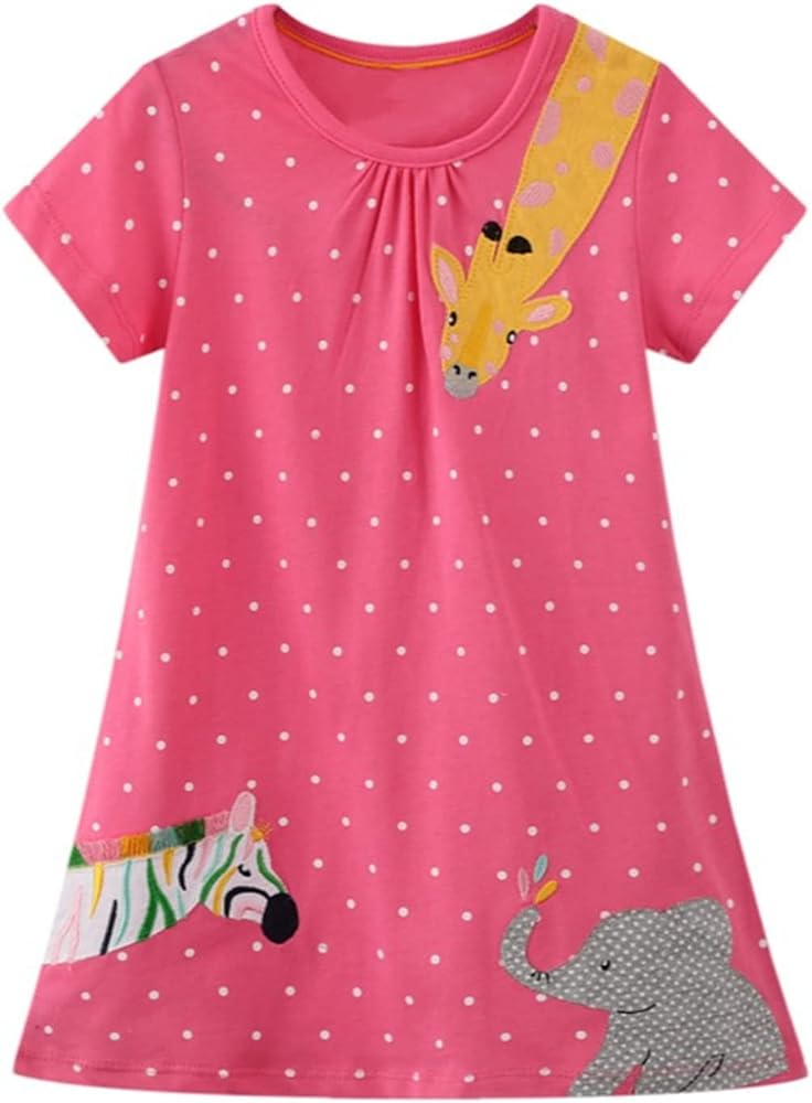 HILEELANG Girls Short Sleeve Dress Cotton Casual Pink Dot Appliques Summer Spring Easter Playwear Basic Shirt Jersey Dresses 8 Years