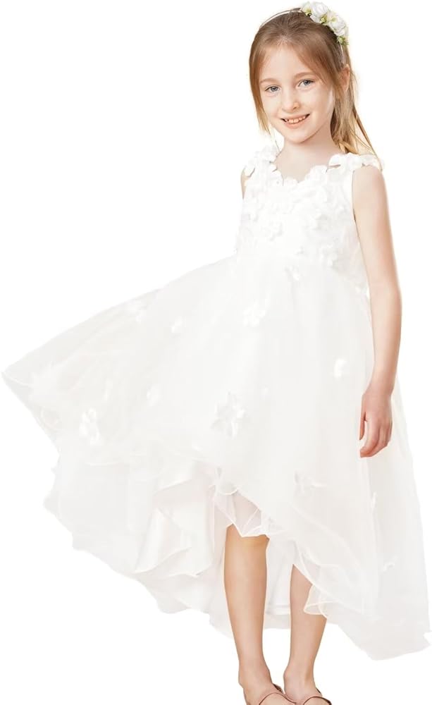 Flower Girl's Dress for Wedding Pretty Kid's Floral Tulle Sleeveless Pageant Dresses Hi-Lo Birthday Party Gown