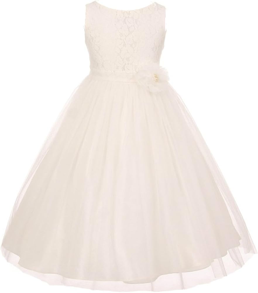 AkiDress Lace Top Tulle Bottom with Pearl Flower T-Length Dress