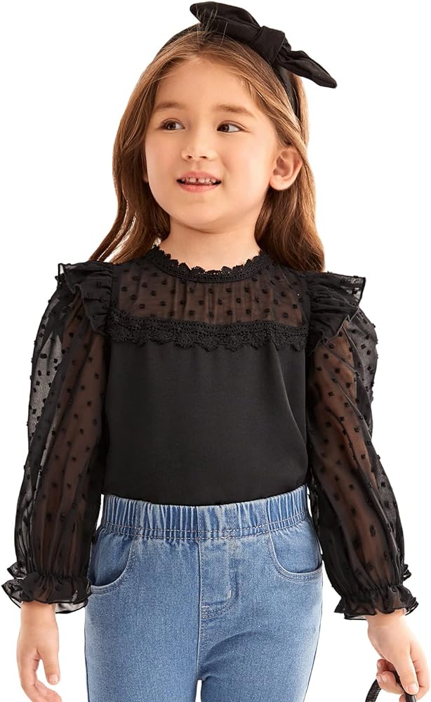 WDIRARA Toddler Girl's Swiss Dots Round Neck Sheer Long Sleeve Lace Trim Blouse Top