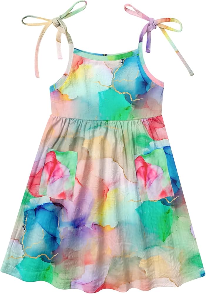 Vieille Toddler Girls Summer Sling Dress Tie Straps Sleeveless Casual Beach Sundress with Pockets 2-6 Years