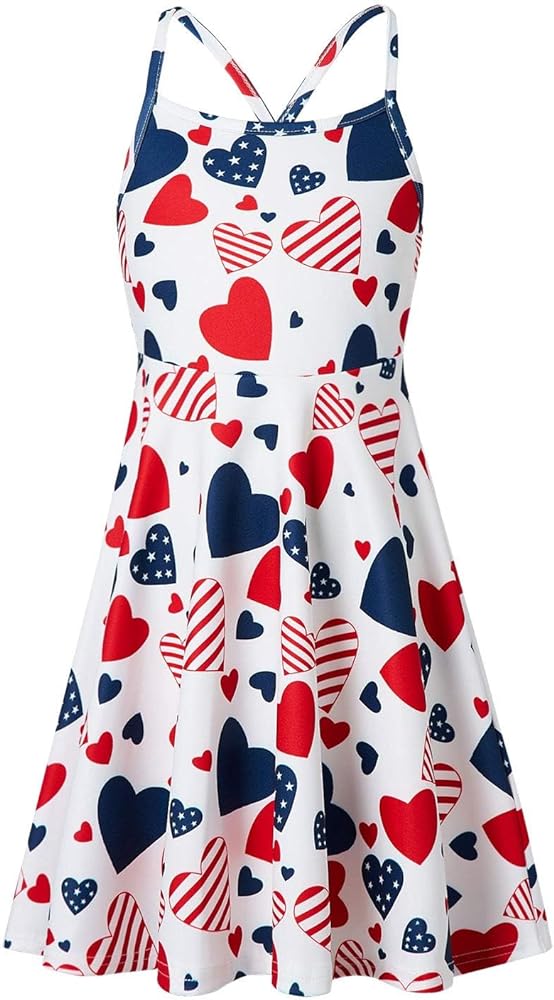 Loveternal 4th of July for Girls Summer Dresses Patriotic American Flag Adjusted Spaghetti Strap Dress Size 4-11