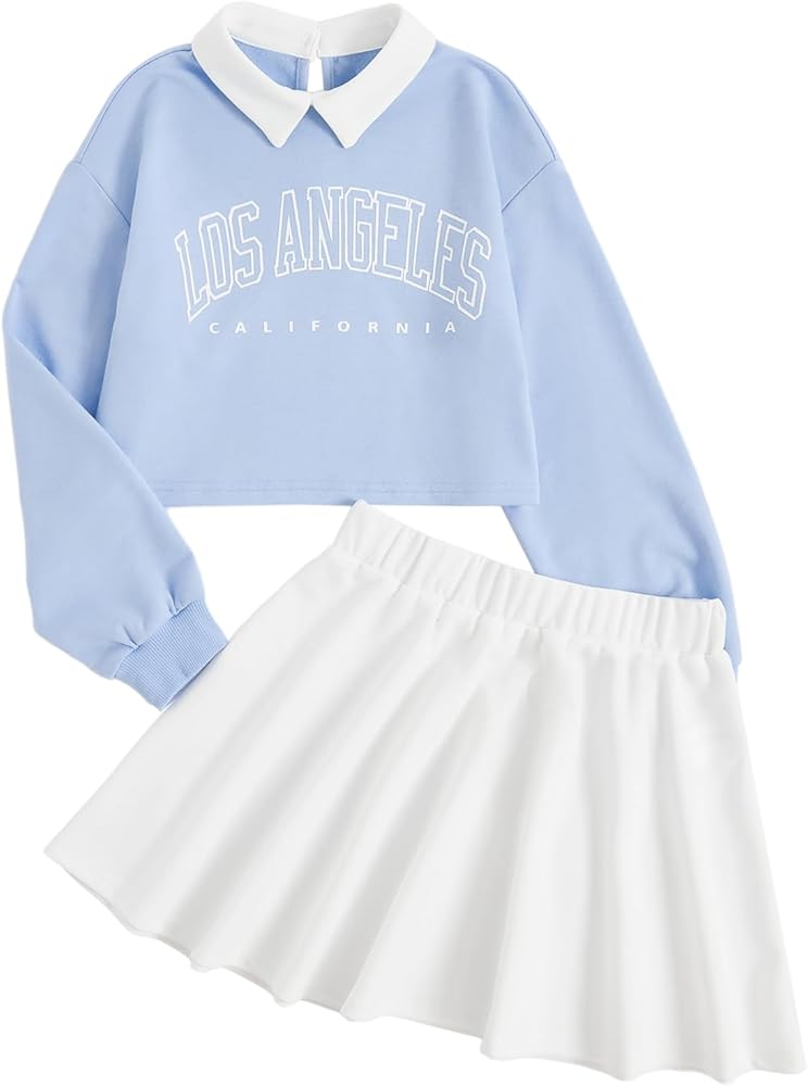 SOLY HUX Girl's 2 Piece Outfits Letter Graphic Long Sleeve Collar Sweatshirt and Skater Skirt Set