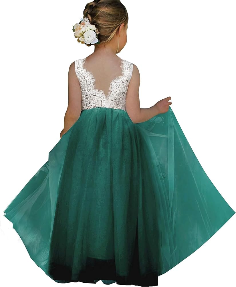 Girl Toddler Full-Length Straight Tulle Tutu Lace Back Party Flower Girl Dress (5-6 Year, Green)