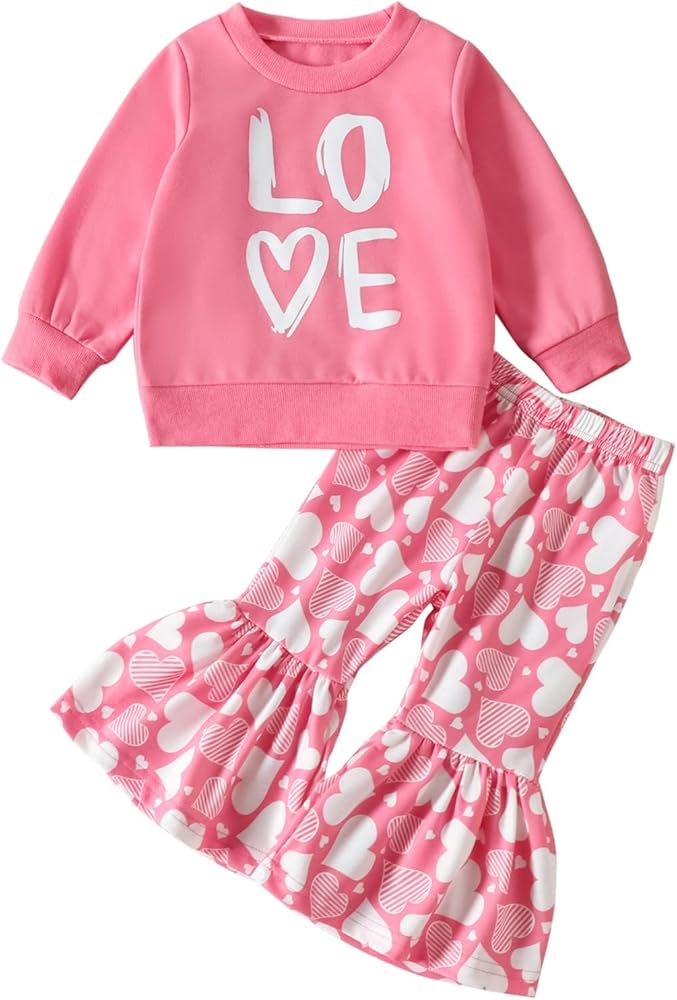 Toddler Girls Winter Long Sleeve Prints Tops Love Prints Flared Trousers Pants 2PCS Outfits Clothes Set