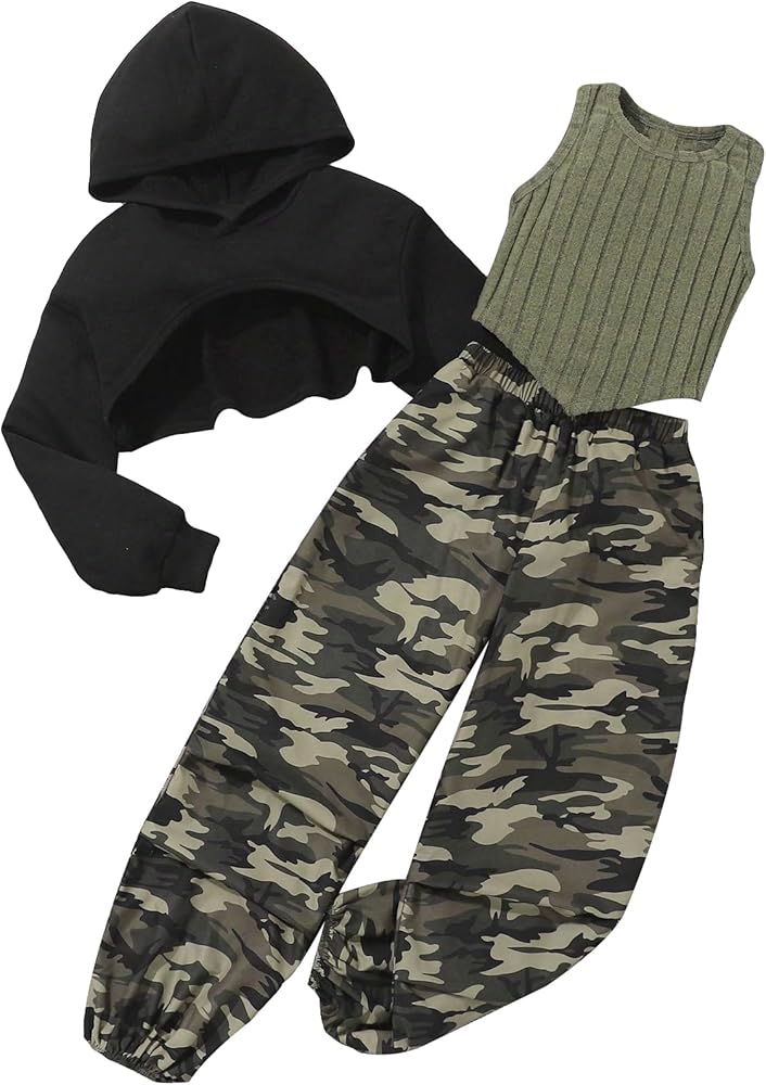 Floerns Girl's 3 Piece Outfit Asymmetrical Hoodie with Tank Top Camo Print Pants Set