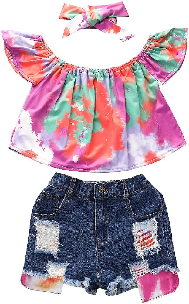 children's denim shorts set,summer girls' one-shoulder top,raw denim shorts and bow headbands three-piece suits.