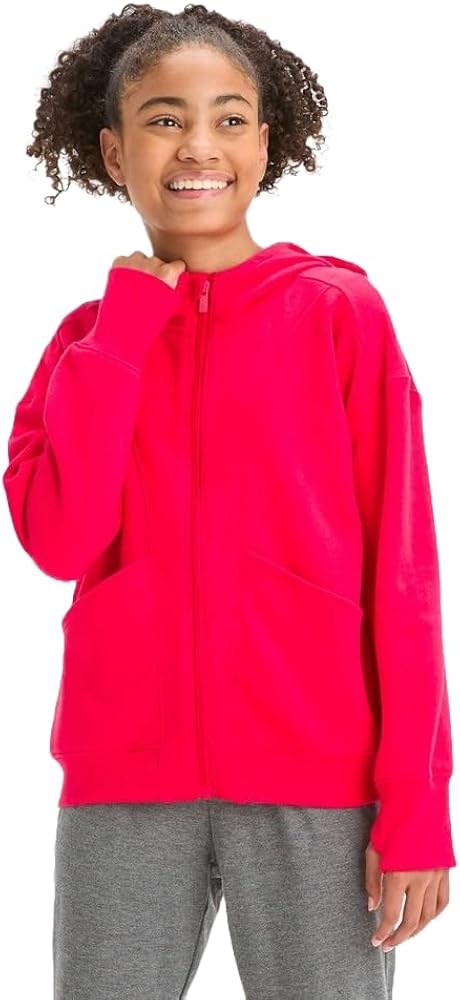 All in Motion Girls' Fleece Full Zip Hooded Sweatshirt - (Coral Red, Medium(8))