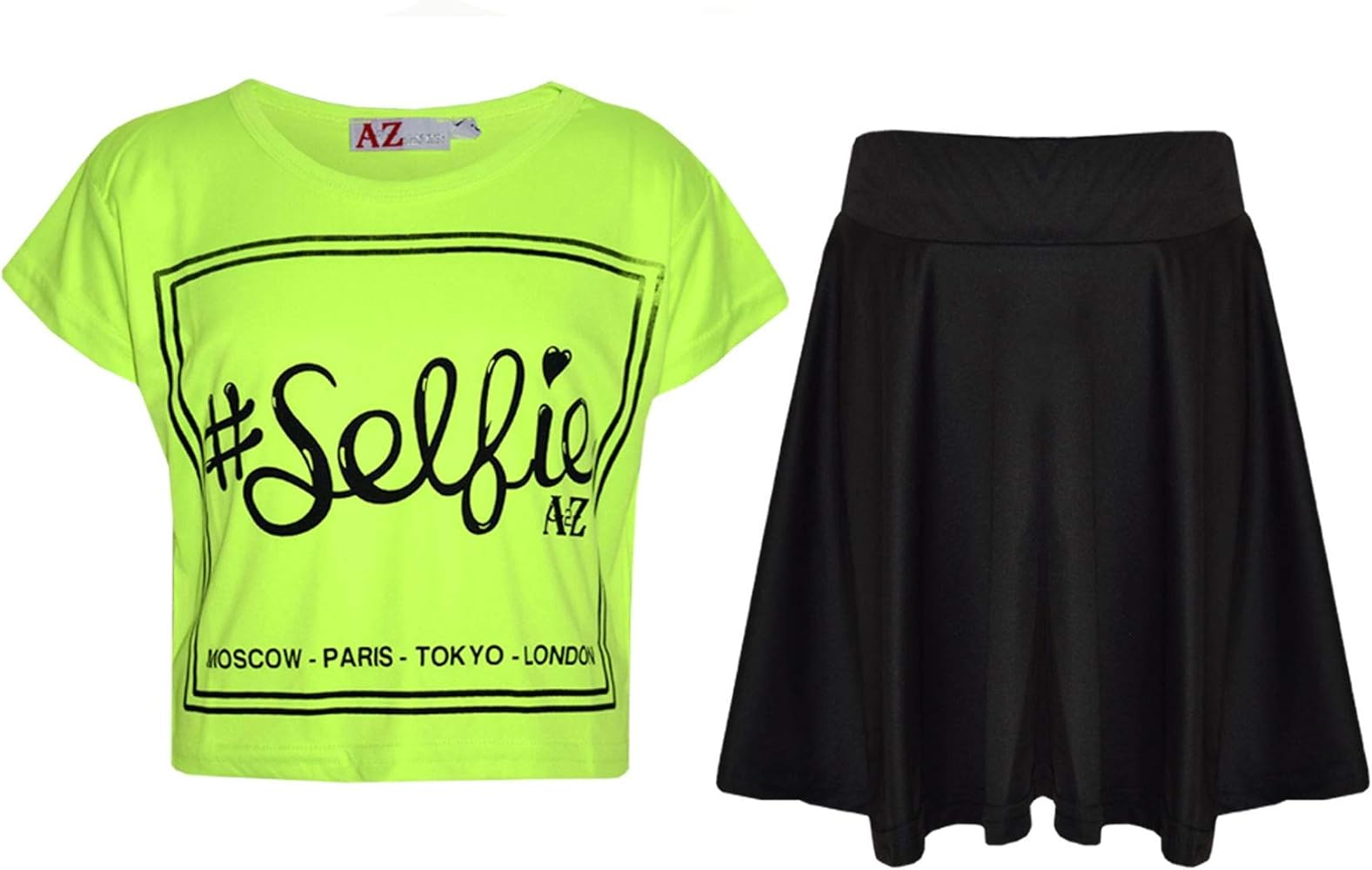 Girls Top Kids Selfie Print Stylish Crop Top & Skater Skirt Set Neon Green