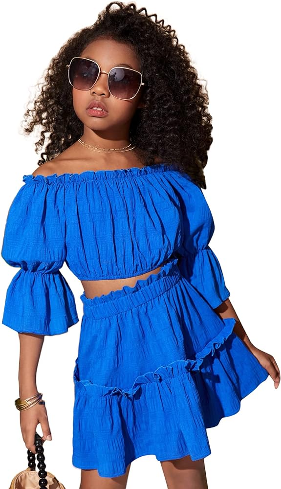 WDIRARA Girl's 2 Piece Outfits Off Shoulder Puff Sleeve Lettuce Trim Blouse and Ruffle Hem Skirt Set