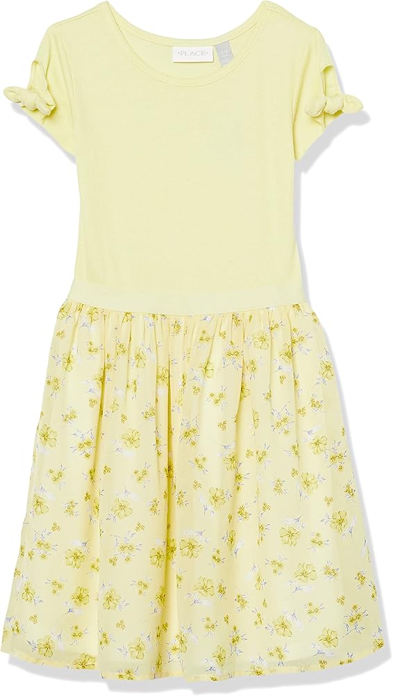 The Children's Place Girls' Floral Ribbed Knit to Woven Dress