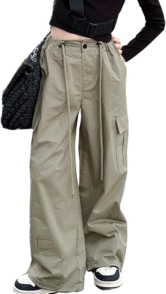 Girls Parachute Pants Y2K Cargo Baggy Joggers Track Pants Kids Trousers with Pockets 6-14 Years