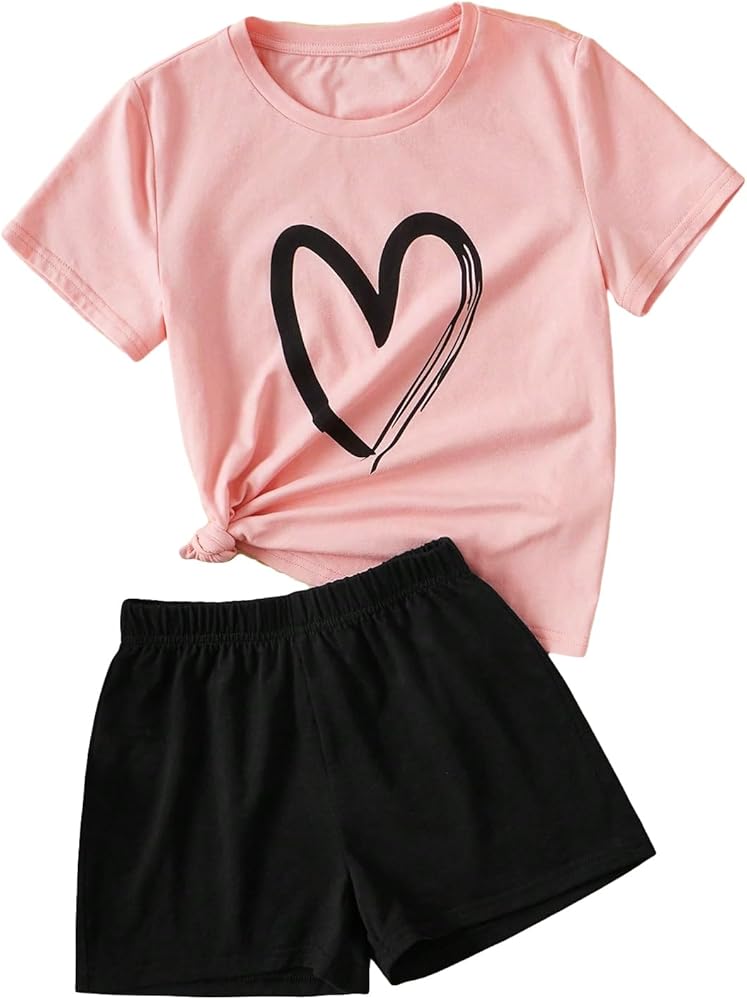 SOLY HUX Girl's Summer 2 Piece Outfits Short Sleeve Crop Top and Cute Print Shorts Sets Cute Clothing Set Pink Heart 9Y