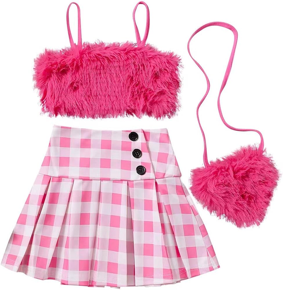 Toddler Kids Girls Skirt Outfit Set Furry Fur Strap Sleeveless Tube Tops Plaid Mini Pleated Skirt Summer Clothes